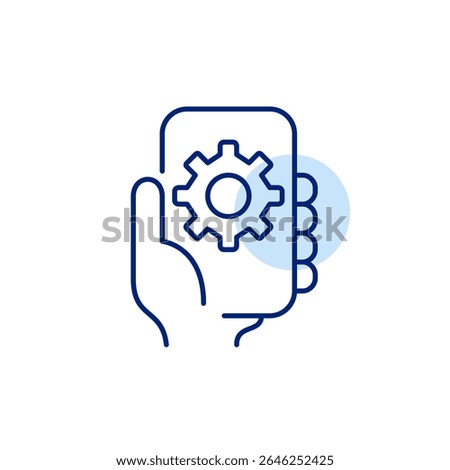 Hand holding phone with cogwheel. Mobile settings, device configuration, app management, system preferences, smartphone control. Pixel perfect, editable stroke vector icon