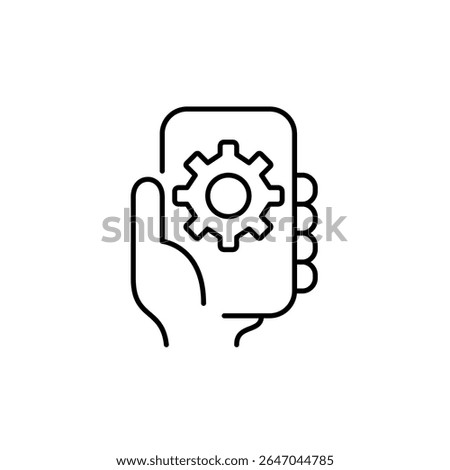 Hand holding phone with cogwheel. Mobile settings, device configuration, app management, system preferences, smartphone control. Pixel perfect, editable stroke vector icon