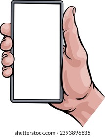 Eine Hand, die ein Handy in einem Comicbuch hält, in dem die Art der Cartoon-Illustration