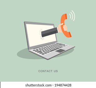 Hand Holding Phone Coming Out From Laptop. Contact Us Flat Illustration