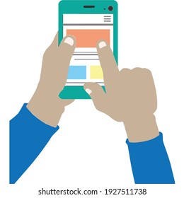 Hand holding a phone. Concept of online purchases of food, clothing, delivery, hotel order, messages. Vector illustration on a white isolated background.