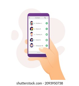 Hand Holding Phone With Contacts List On Smartphone Design Concept Vector Illustration