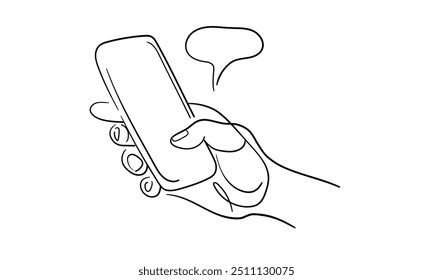 Hand holding phone continuous line art drawing isolated on white background. Communication chat on the phone. Vector illustration