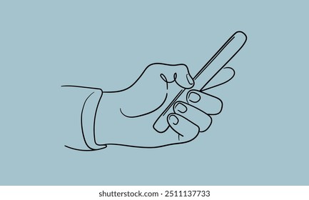 Hand holding phone continuous line art drawing isolated on blue background. Communication chat on the phone. Vector illustration