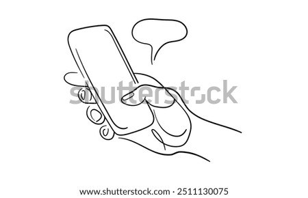 Hand holding phone continuous line art drawing isolated on white background. Communication chat on the phone. Vector illustration