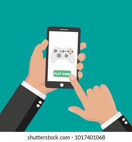 hand holding phone with controller in it in flat style. Gaming concept on the phone