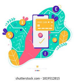 Hand holding phone with credit card on it. Paying with mobile. NFC, wireless payment concept. Trendy colors,bright floral illustration. Dollar Euro Yen Pound coins.Contactless payment.