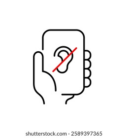 Hand holding phone and a crossed-out ear and pencil, website with no sound or muted audio content. Silent user mode, no voice commands. Pixel perfect, editable stroke vector icon