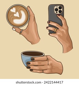 Hand holding phone and cup of coffee set