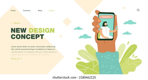 Hand holding phone with doctor on it flat vector illustration. Woman prescribing pills to patient according symptoms. Online medical consultation concept for banner, website design or landing web page