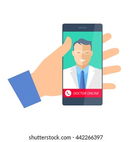 Hand holding a phone with doctor online. Telemedicine and telehealth flat concept illustration. Hand, smartphone with medic on the display. Vector element for tele medical and health infographic. 