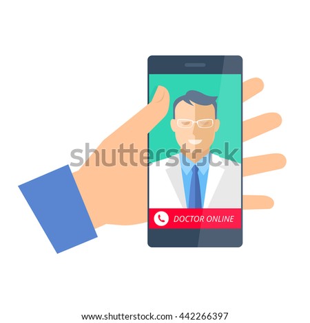 Hand holding a phone with doctor online. Telemedicine and telehealth flat concept illustration. Hand, smartphone with medic on the display. Vector element for tele medical and health infographic. 