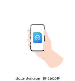 Mano sosteniendo el teléfono con el documento enviado o recibido. Documento con marca de verificación. Ilustración. Vector de fondo blanco aislado. EPS 10