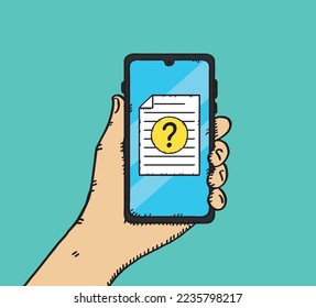 Una mano sosteniendo un teléfono con un documento que tiene un signo de interrogación. Gráficos vectoriales dibujados a mano.