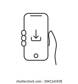 Hand Holding Phone Downloading icon. Very suitable for your web design, mobile app design, poster design, etc. 
Vector illustration on a white background. Thin outline icon.