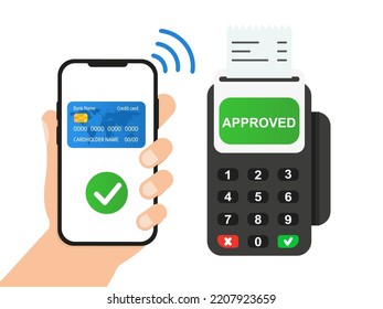 Hand holding phone with electronic card paying through terminal. Vector illustration