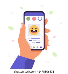 Hand holding phone with emoji message. Social networking with emoji. Communication concept on white background. Vector flat cartoon illustration for web sites and banners design