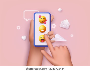 Hand holding phone with emoji and message. Social network mobile template. 3D Web Vector Illustrations. 