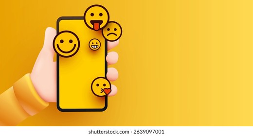 Hand holding phone emoticons. Chatting with friends and sending new messages. Colorful smartphone screen design. Vector illustration
