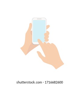 Hand holding a phone with an empty blue screen. Concept of online purchases of food, clothing, delivery, hotel order, messages. Vector illustration on a white isolated background