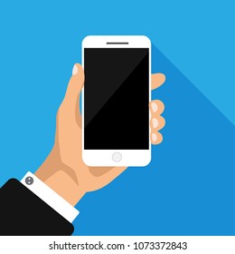 Hand holding phone with empty screen. Web flat icon. Hand holds smartphone close-up isolated on blue background. Vector illustration 