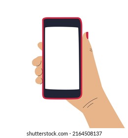 A hand holding a phone with empty screen with copy space for text. Template for advertising, announcement, promotion, posters, screensavers, covers. Flat color vector illustration isolated on white.