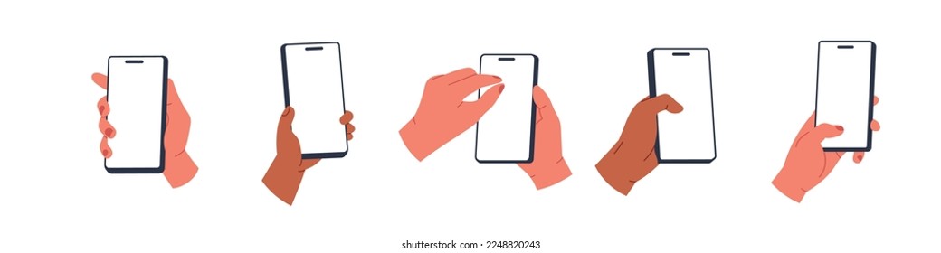 hand holding phone. Empty screen, phone mockup. advertisement mobile . Isolated vector illustration