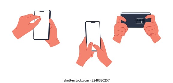 hand holding phone. Empty screen, phone mockup. advertisement mobile . Isolated vector illustration