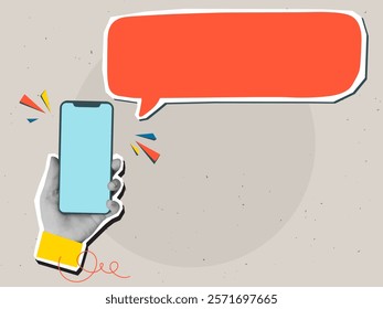 Hand holding a phone with an empty speech bubble. Modern collage style. Vector illustration