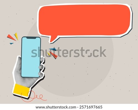 Hand holding a phone with an empty speech bubble. Modern collage style. Vector illustration