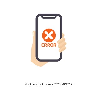Hand holding phone with error  logo design. Alert message mobile notification. Close icon, Delete sign and symbol, cross sign vector design and illustration.
