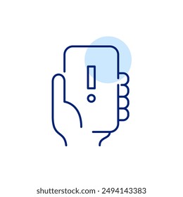 Hand holding phone and exclamation mark. Emergency alert, urgent message notification. Pixel perfect, editable stroke icon