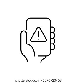 Hand holding phone with exclamation mark in triangle. Error message, urgent alert, immediate attention needed. Pixel perfect vector icon