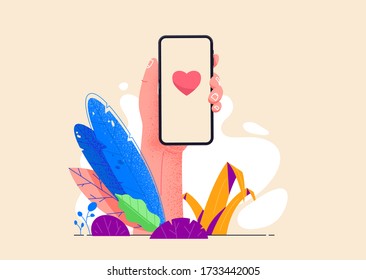 Hand Holding Phone In Exotic Tropical Jungle Eco Friendly Environment. Sending Love Messages On Smartphone Vector Illustration In Flat Design. Chatting With Friends. Social Media Addiction.