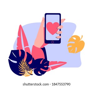 Hand holding phone in exotic tropical jungle eco friendly environment. Sending love messages on smartphone vector illustration in flat design. Chatting with friends. Social media addiction.