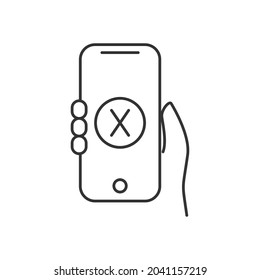 Hand Holding Phone Failed Notification icon. Very suitable for your web design, mobile app design, poster design, etc. 
Vector illustration on a white background. Thin outline icon.