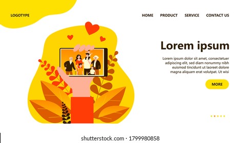 Hand holding phone with family photo on screen flat vector illustration. Picture of parents, grandparents and children on smartphone. Digital technology and relations concept