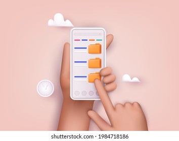 Hand holding phone with files folders. 3D Vector Illustrations.