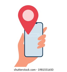 Handheld-Telefon. Suchen Sie nach Kartenstandort. Pin-Point-Symbol. weißer Hintergrund. Vektorgrafik