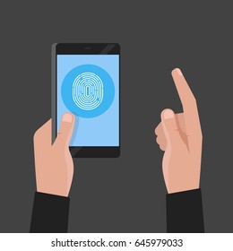 Hand holding phone. Fingerprint pass concept vector illustration.