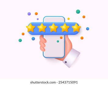 Hand holding phone with five star review rating. excellent service rating for satisfaction on 3d mobile phone. 3D web vector illustration.