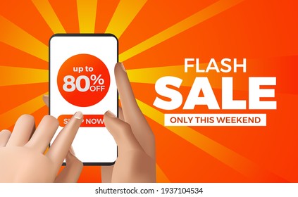 hand holding phone for flash sale e commerce web poster banner template with yellow orange color background