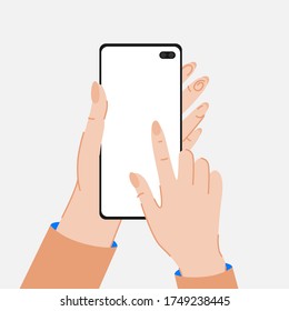 Ilustración de diseño de teléfono fijo de mano para aplicación, maqueta web móvil. El Dedo presiona un botón en la parodia de pantalla. Manos femeninas. Dedo apuntando a la pantalla táctil.