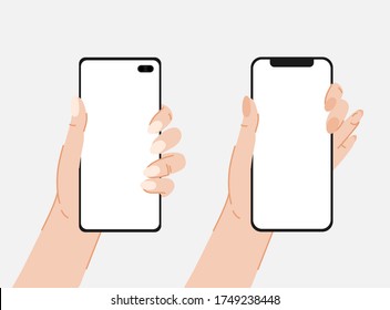 Hand holding phone - flat design illustration for app, mobile web mock-up. Editable phone template vector illustration. Social network mockup. Female hands.
