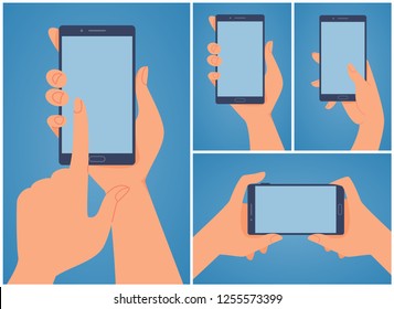 Hand Holding Phone. Flat Style. A Set Of Illustrations. Vector