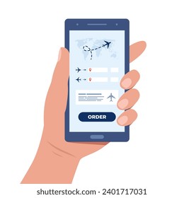 Hand holding phone with flight tickets online booking concept. Buying ticket with smartphone. Booking flights travel. Buy ticket online. Online registration. Vector illustration