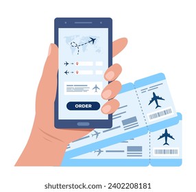 Hand holding phone with flight tickets online booking concept. Buying ticket with smartphone. Booking flights travel. Buy ticket online. Online registration. Vector illustration