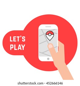 hand holding phone with game. concept of go party, exciting, ar, adornment, competition, old game, trainer, equipment. flat style trend modern logotype design vector illustration on white background