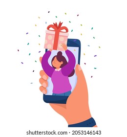 Hand holding phone with gift box and greeting woman on screen. Person using modern mobile app for ordering presents, parcels with love and care flat vector illustration. Online gifts service concept