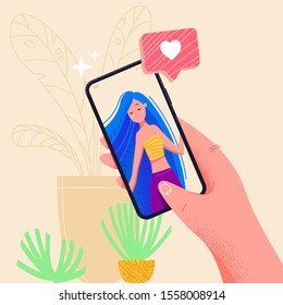 Hand holding phone with girlfriend on screen. Video call app. Finger touch screen flat vector illustration design for web site or banner. Make selfie with smartphone. Online dating chat or take photo.